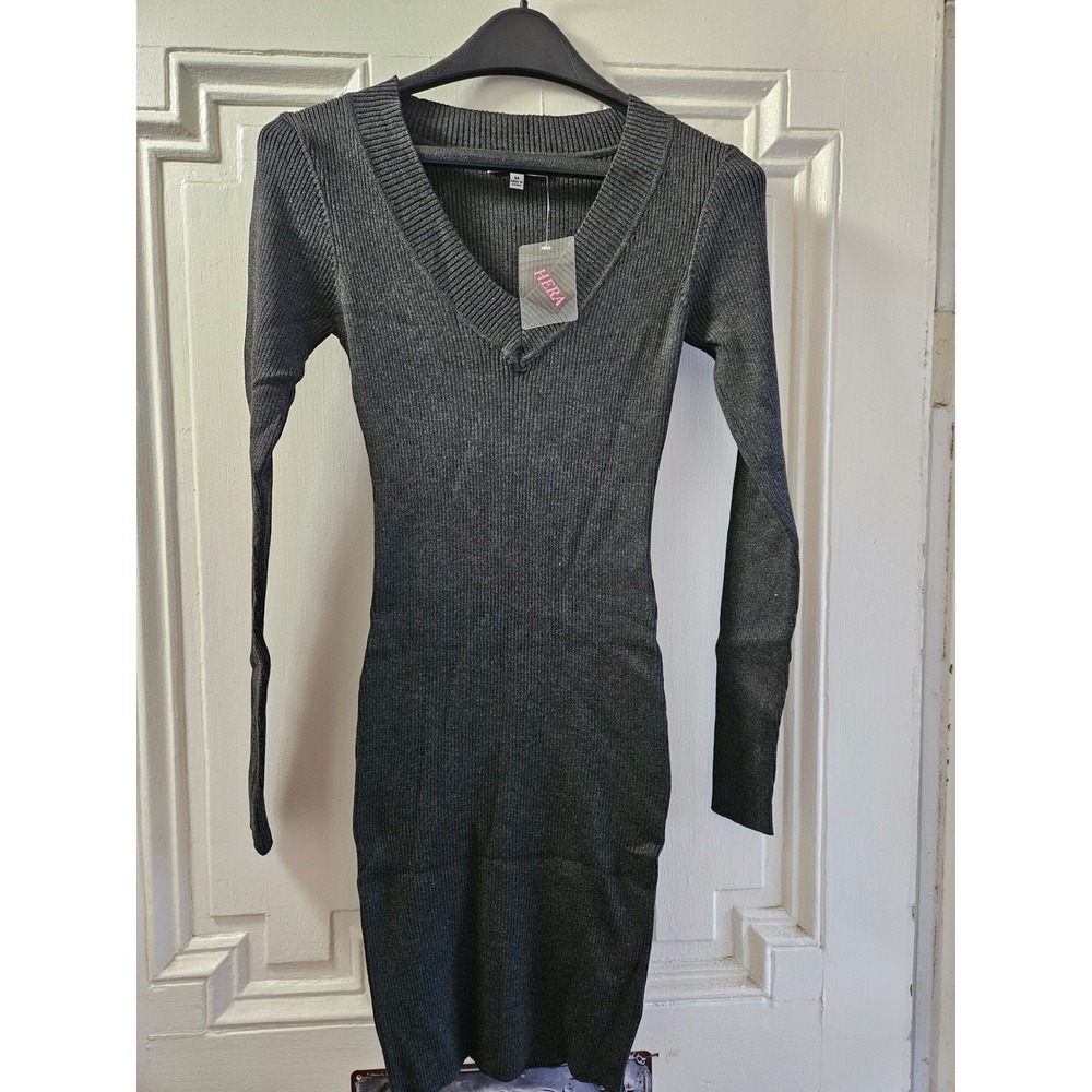 Hera Collection Womens Ribbed Knit V-Neck Long Sleeve Bodycon Mini Sweater Dress